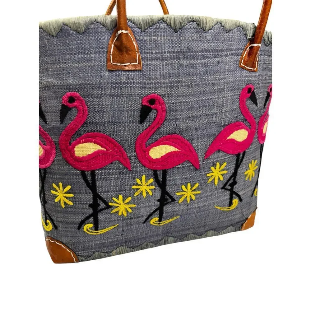 Le Comptoir De La Plage "Madagascar" Woven Raffia Blue/Pink Flamingos ExL Tote - Picture 15 of 16